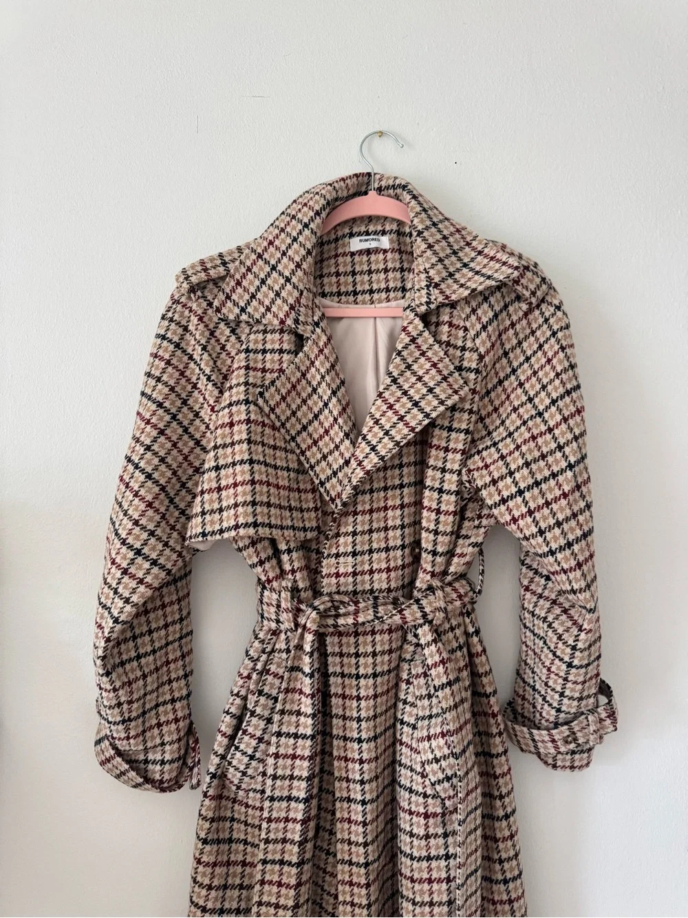 Rumored Plaid Trench Coat in Beige, Black & burgundy